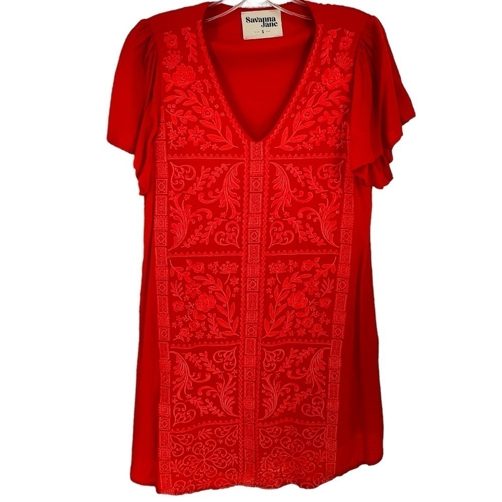 Savanna Jane Red Embroidered Front Mini Slip Dress Sz S